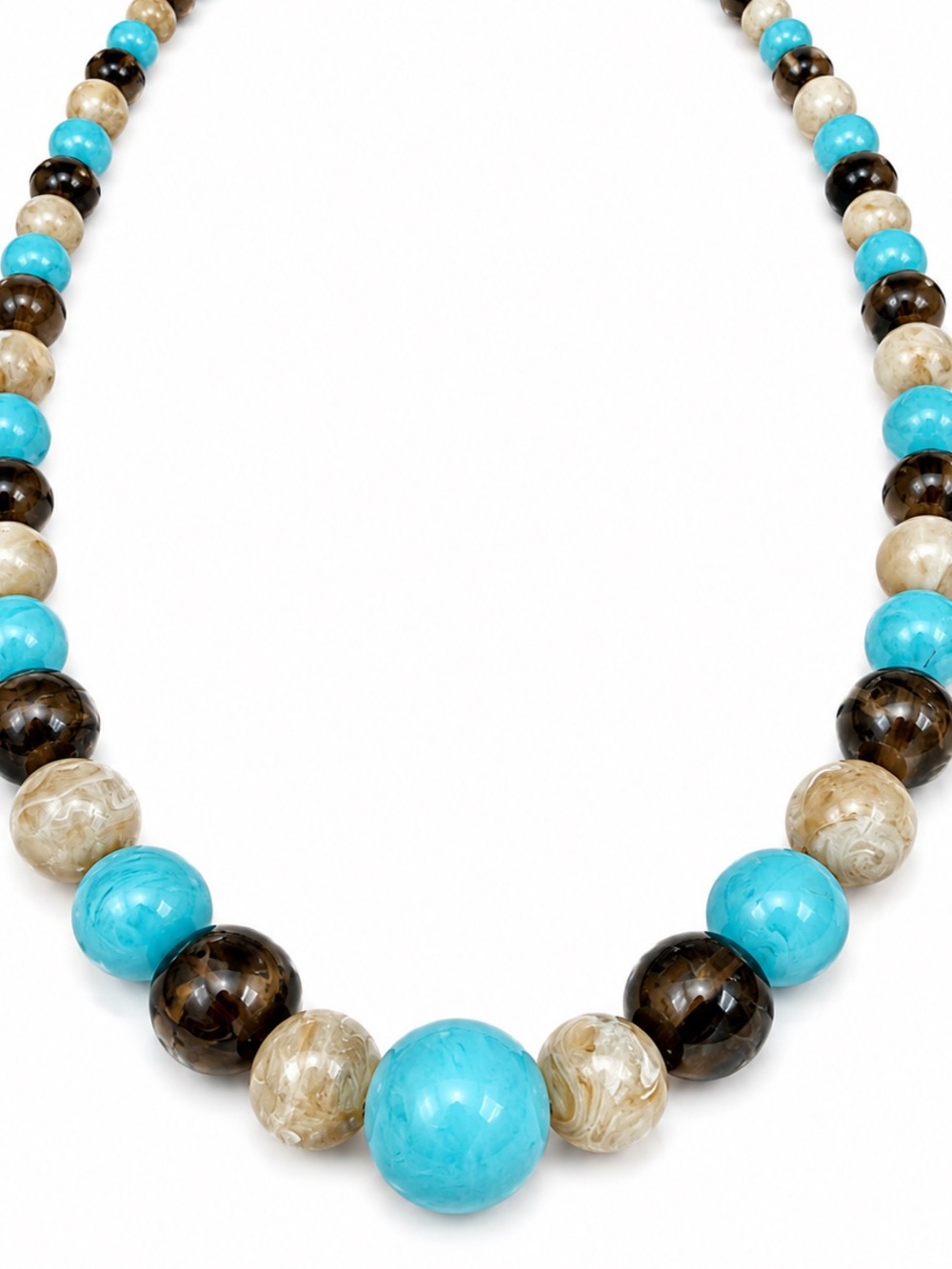 Vintage Oversized Marbled Acrylic Lucite Statement Bead Necklace Blue Brown ball